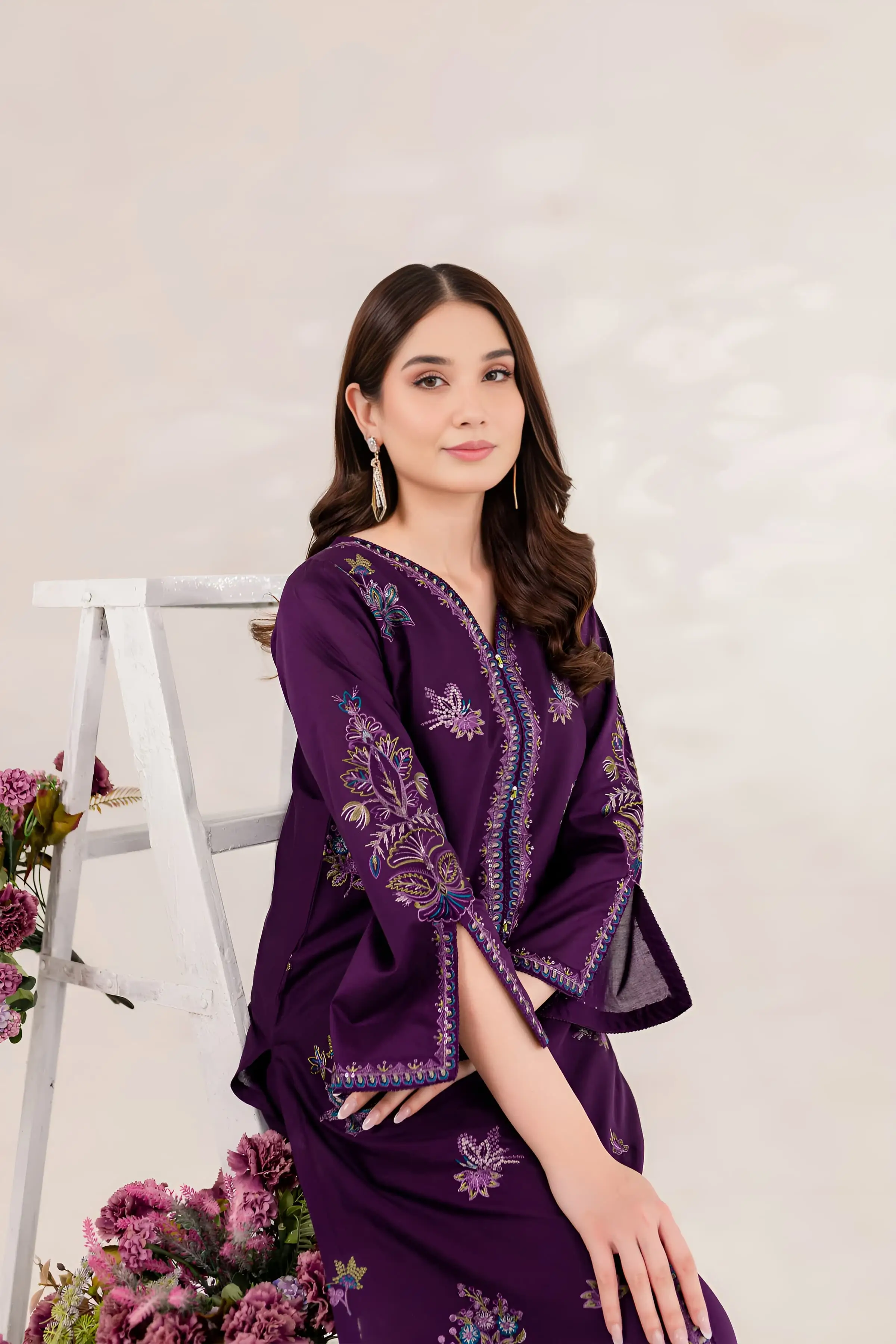 Best Seller - Purple Ella - 2Pc Stitched Embroidered Dress - Image 4