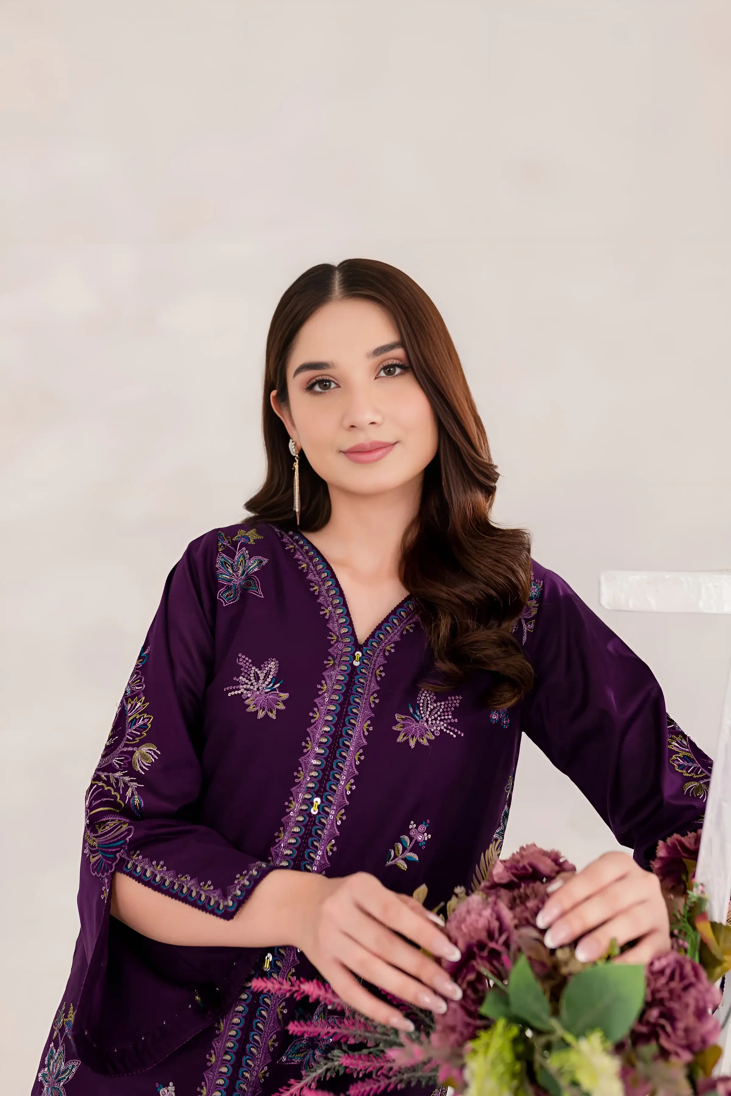 Best Seller - Purple Ella - 2Pc Stitched Embroidered Dress - Image 7